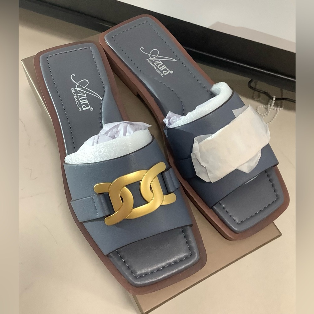 Azura Sayyida Slide Sandals/Square Toe/ Gold Hardware/ new in box